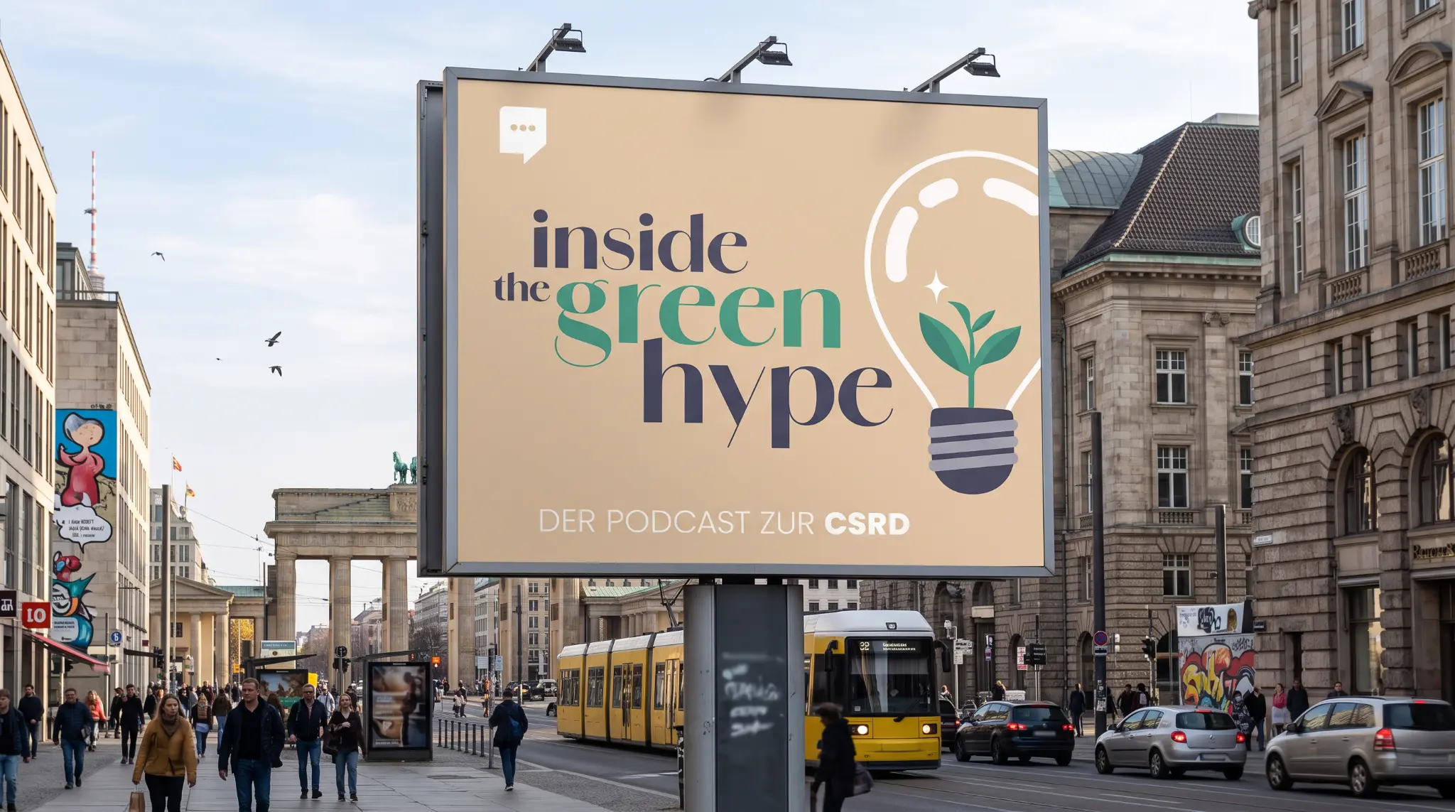 Großes Billboard mit dem Podcastmotiv Inside the Green Hype in einer Berliner Straßenansicht