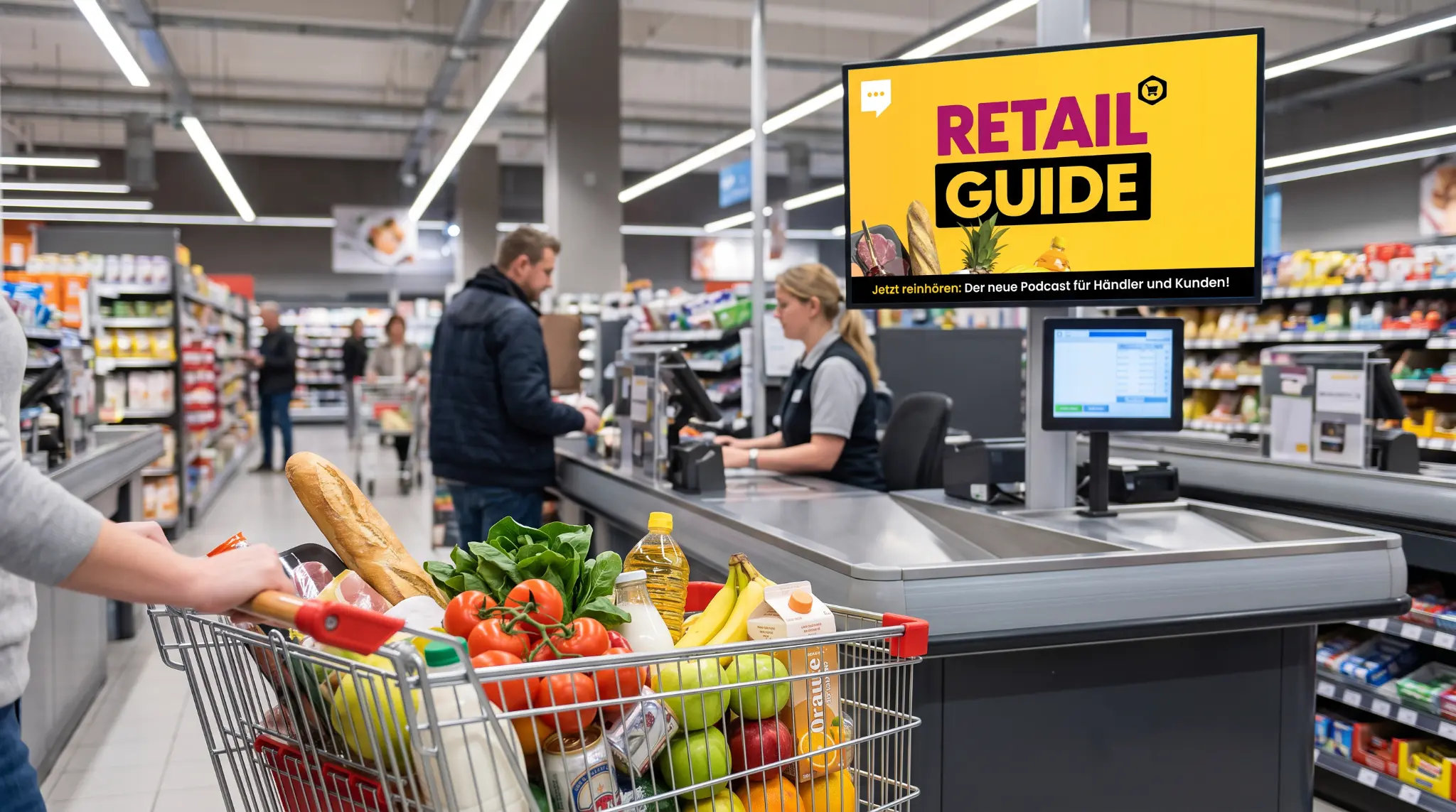 Supermarkt-Kassenzone mit dem Podcastmotiv Retail Guide für WBG Pooling