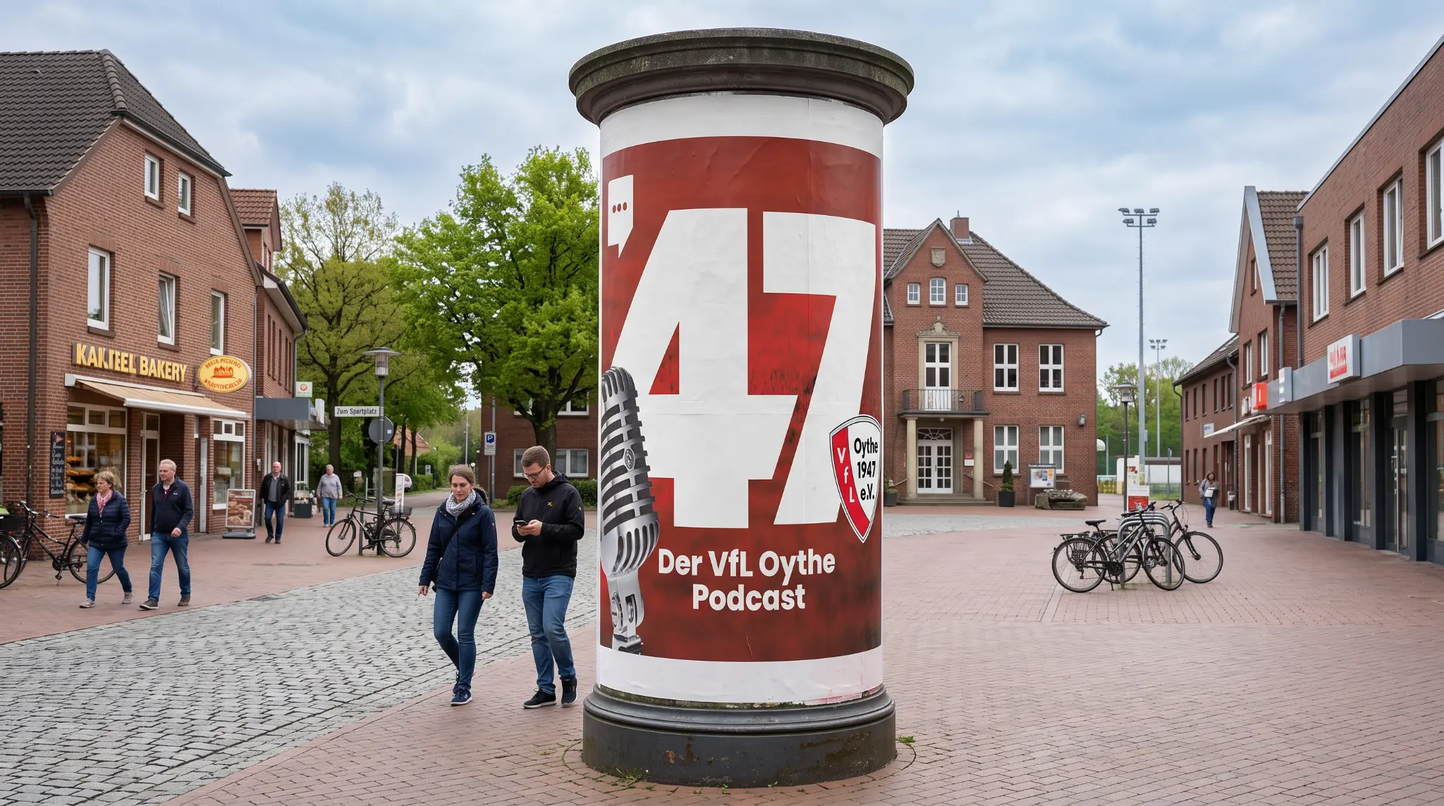 Säule in Oythe mit dem Podcastmotiv 47 | Der VfL Oythe Podcast