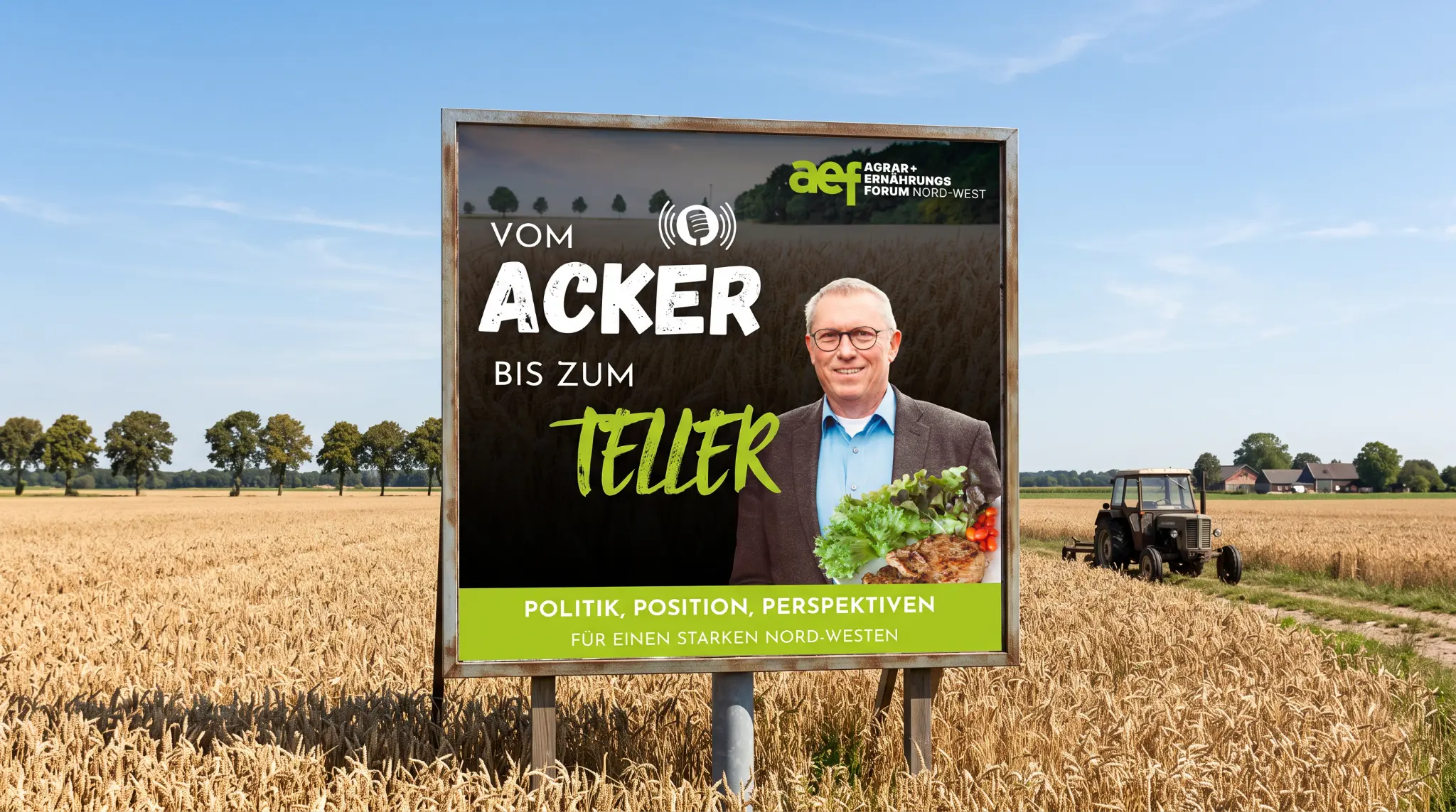 Feldmotiv mit dem Podcastplakat Vom Acker bis zum Teller für das Agrar- und Ernährungsforum Nord-West